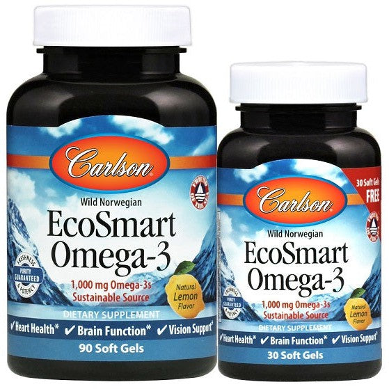 Carlson Labs Smart Omega-3, 1000mg Natural Lemon - 90 + 30 softgels