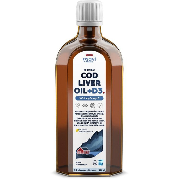 Osavi Norwegian Cod Liver Oil + D3, 1000mg Omega 3 (Lemon) - 250 ml.