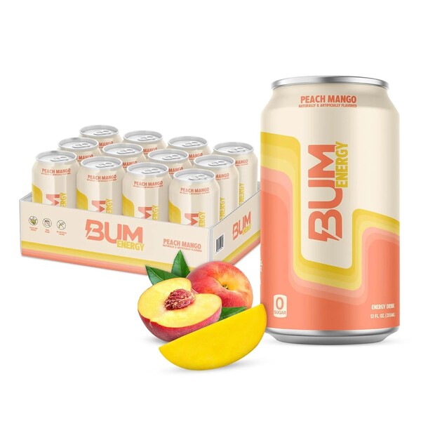 Raw Nutrition Bum Energy, Peach Mango - 12 x 355 ml.
