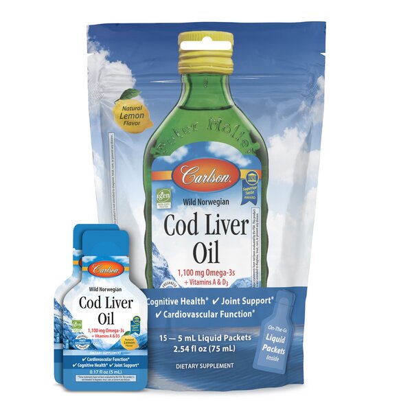 Carlson Labs Wild Norwegian Cod Liver Oil, 1100mg Natural Lemon (Pouch of Packets) - 15 x 5 ml.