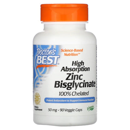 Doctor's Best High Absorption Zinc Bisglycinate, 50mg - 90 vcaps